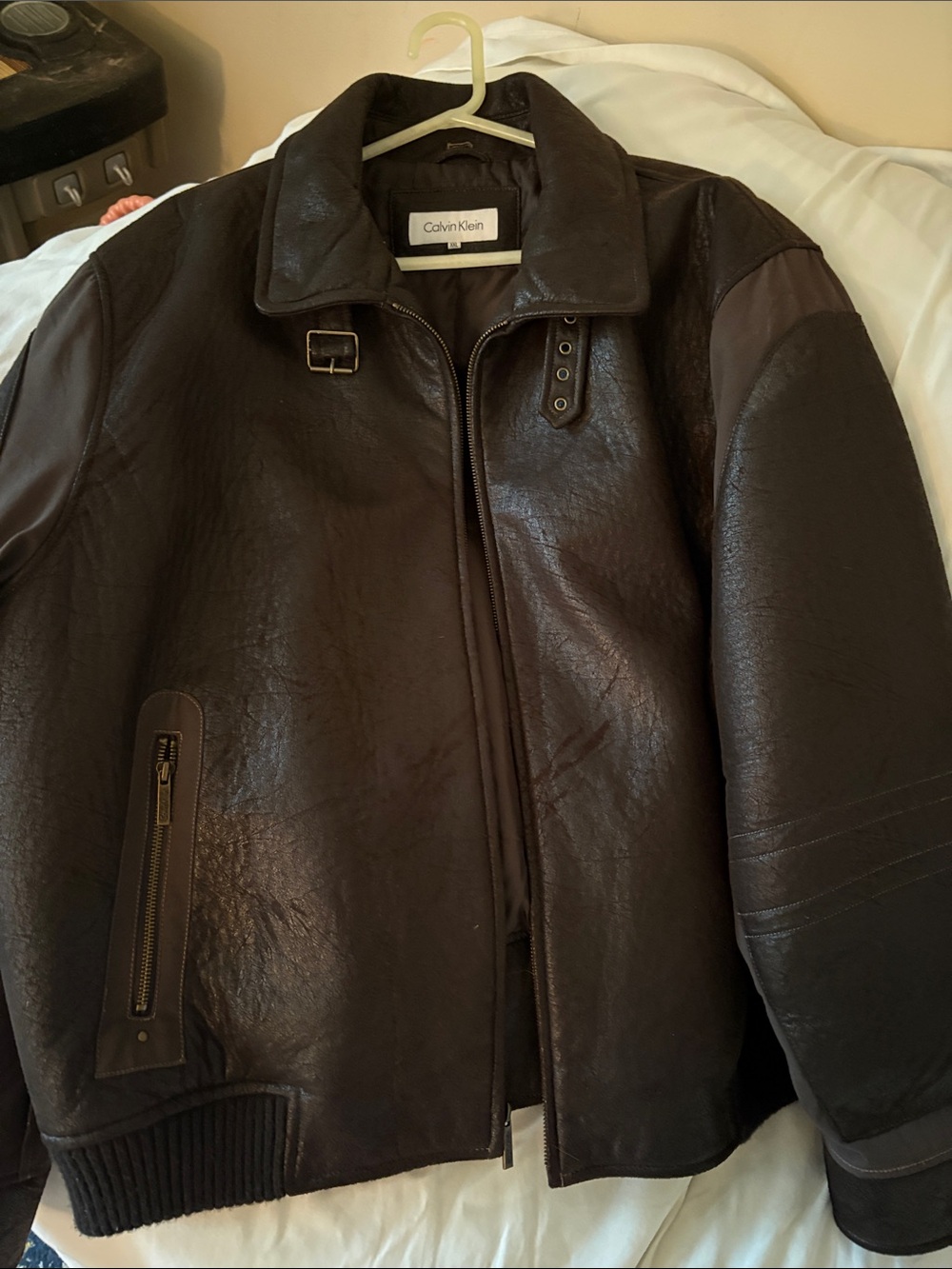 Calvin Klein Brown Leather Bomber Jacket with Ribbed Cuffs